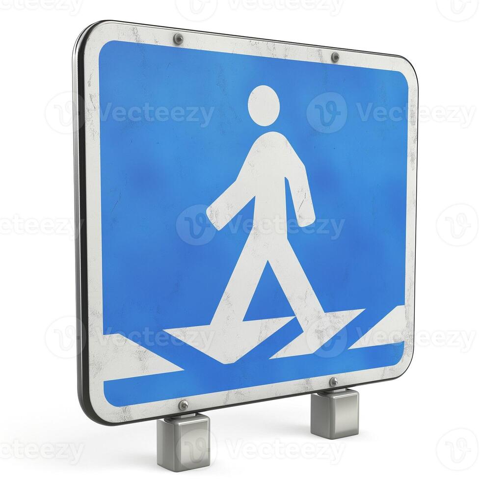 A weathered pedestrian crossing sign with a blue background, ideal for urban or safety-themed projects. photo