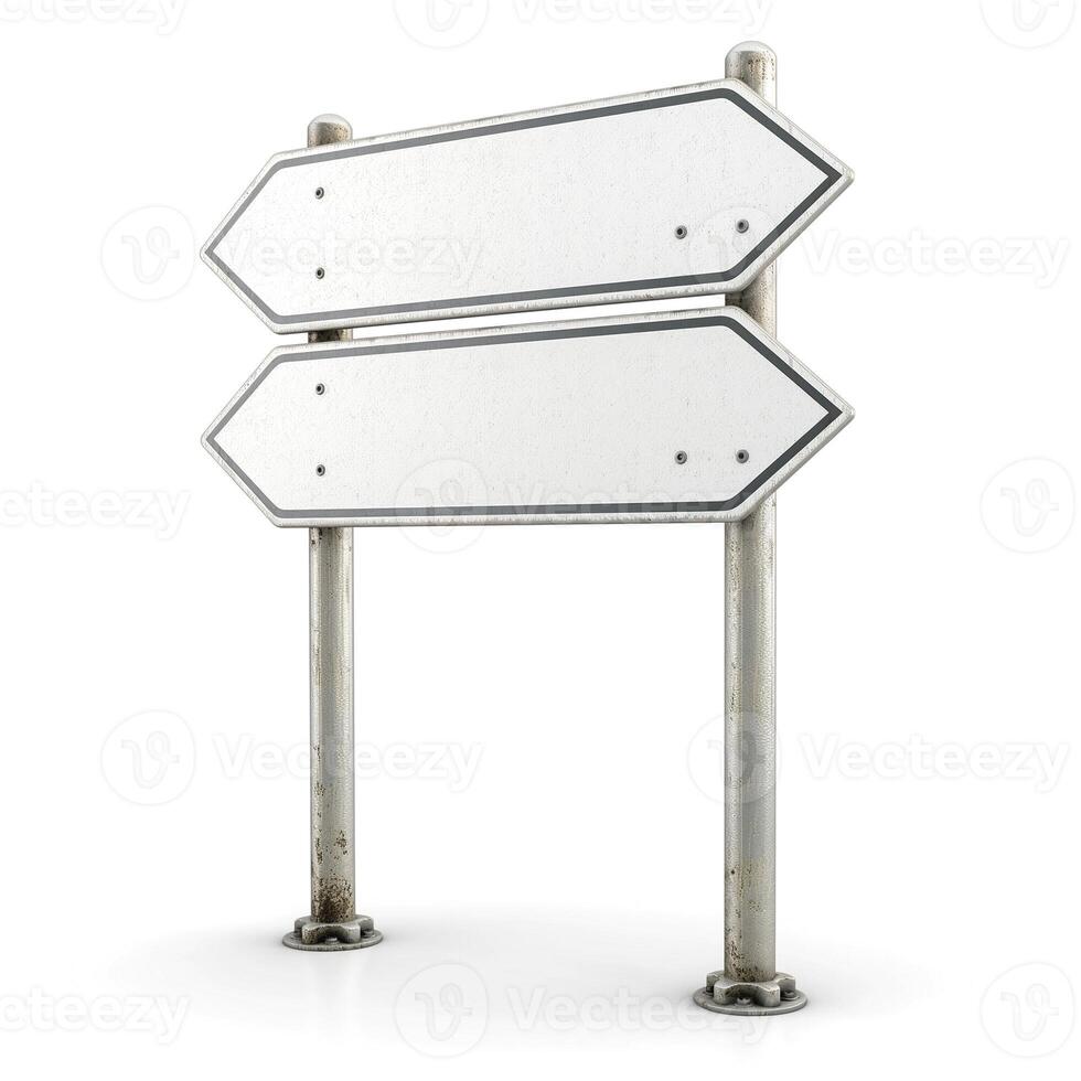 A pair of blank roadside directional signs, ready for guidance, set against a minimalistic backdrop. photo