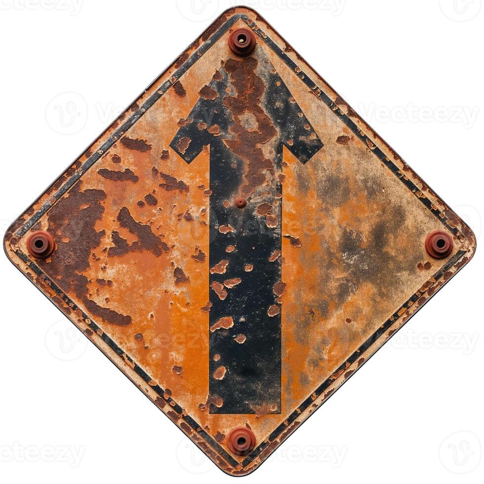 Weathered traffic sign indicating a straight direction, showcasing rust and age. photo
