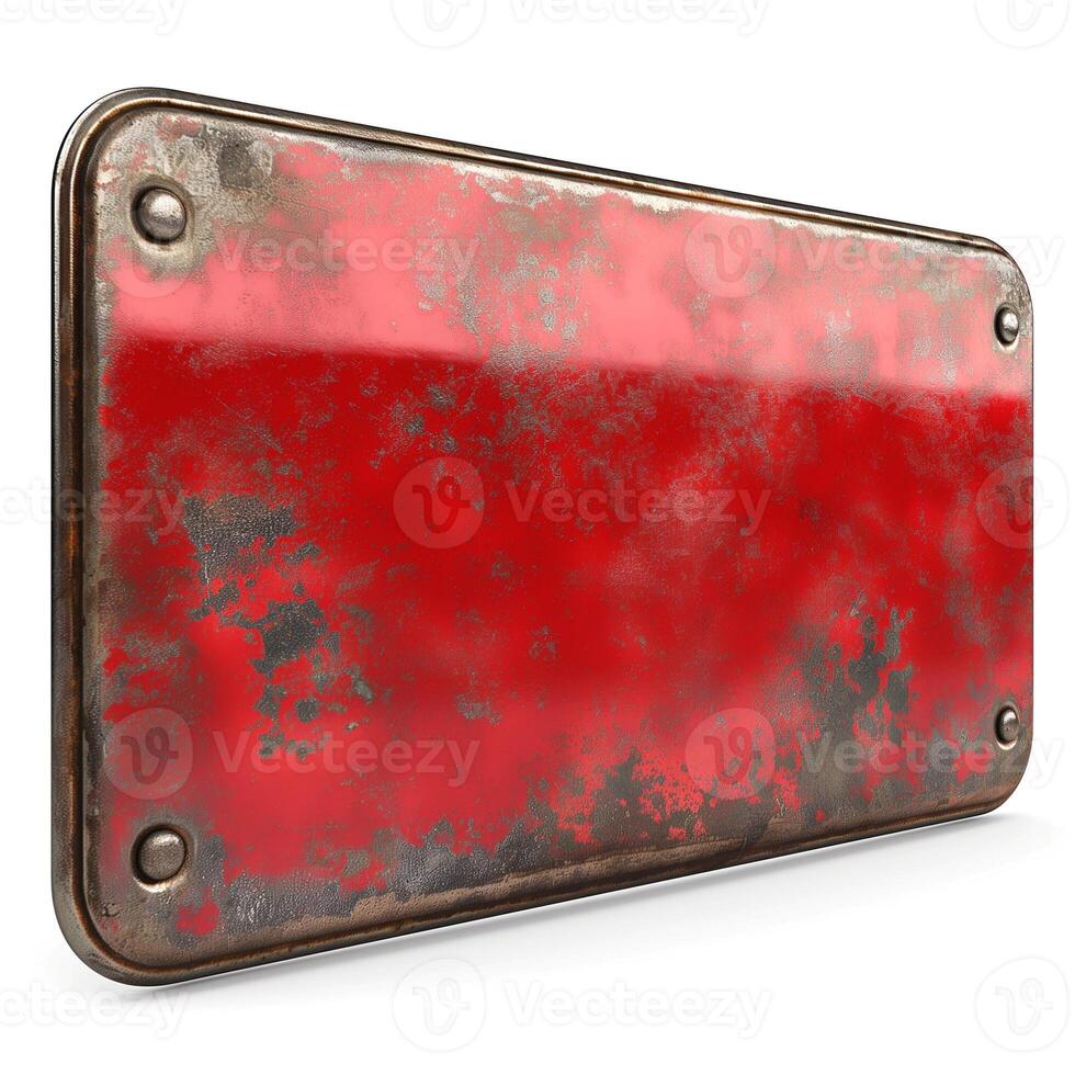 A weathered, rusty red metal sign with a vintage appearance, showcasing peeling paint and a distressed texture. photo