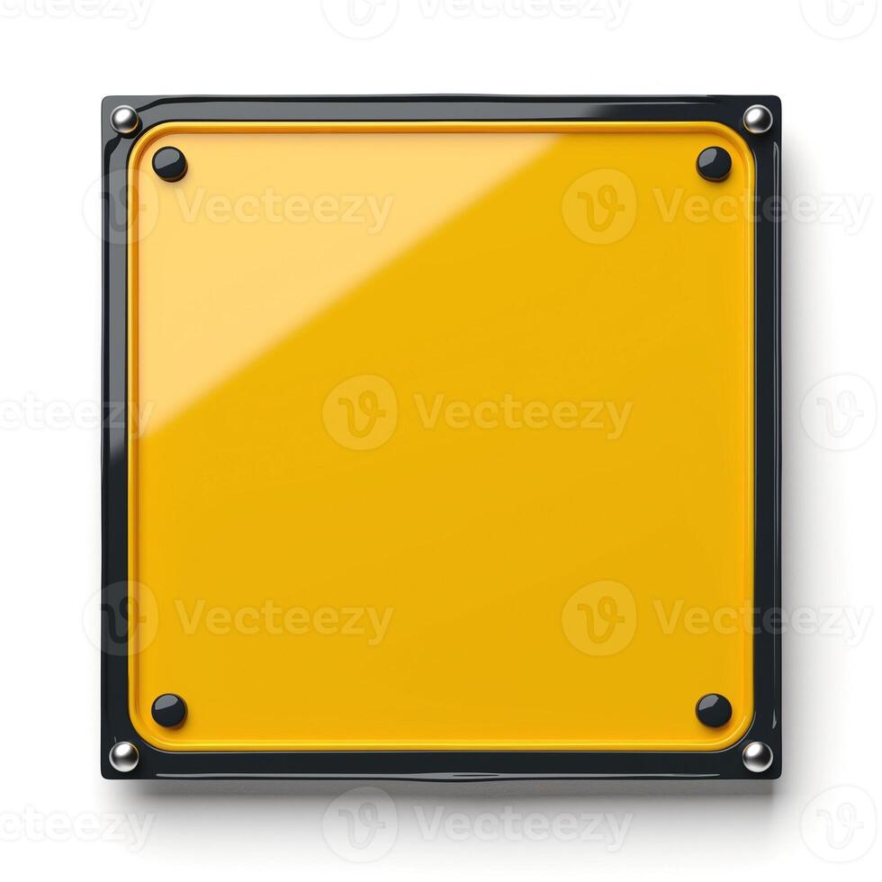 A glossy yellow square sign with rounded edges and black mounting screws, perfect for customizable messages. photo