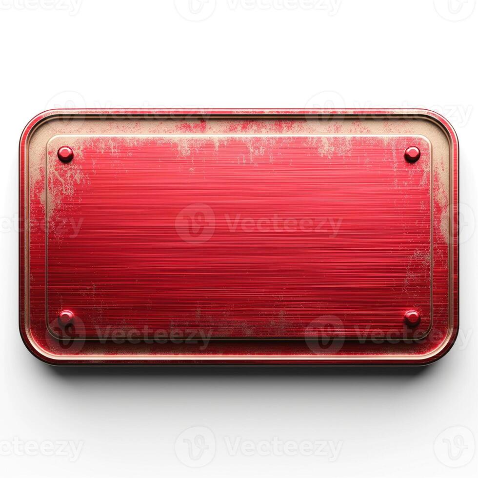 A close-up of a weathered, red metal plate with a brushed texture and rounded edges, showcasing its vintage look. photo