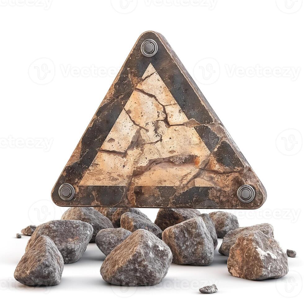 A weathered triangular warning sign stands precariously on a pile of rough stones. photo