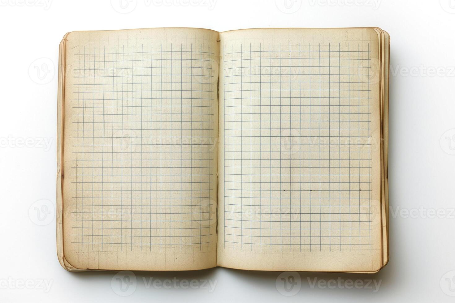 An open, empty square grid notebook showcasing its aged pages, inviting creativity and ideas. photo
