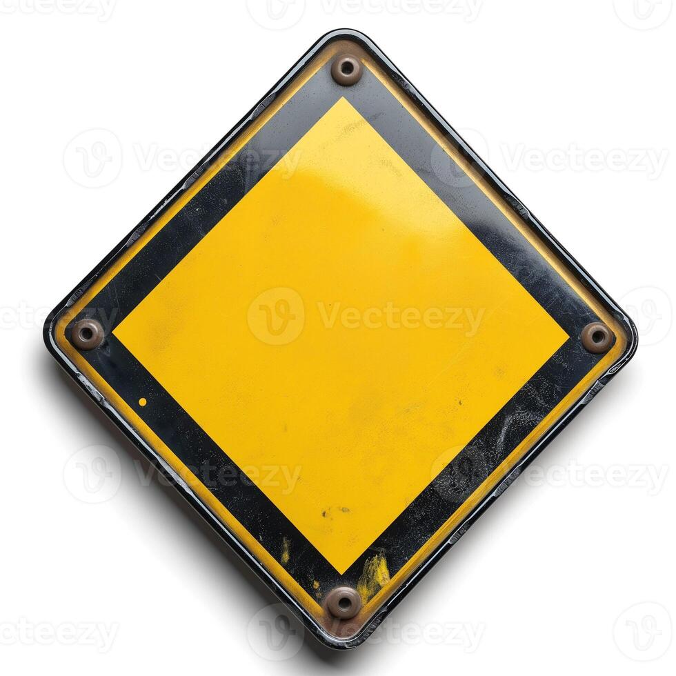 A weathered yellow diamond warning sign with a black border, conveying a sense of caution. photo