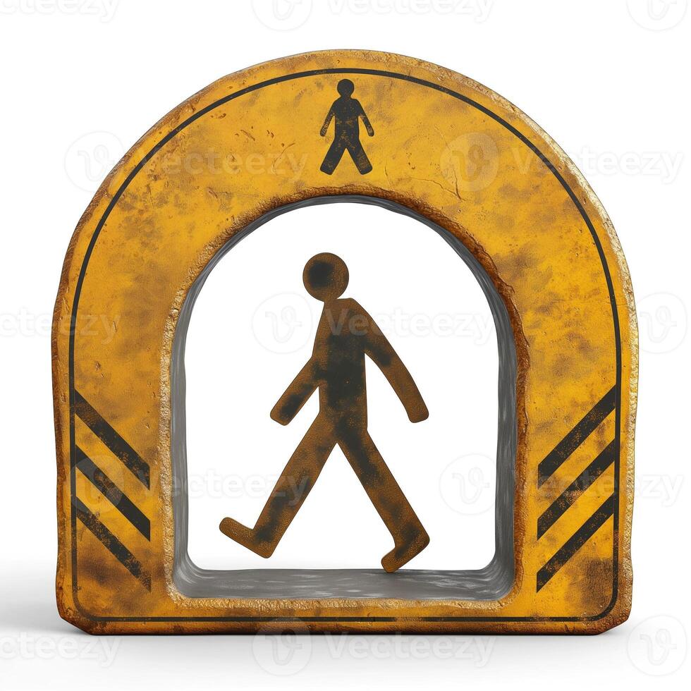 A textured, yellow pedestrian sign featuring a walking figure under an arch design, conveying safety in urban environments. photo