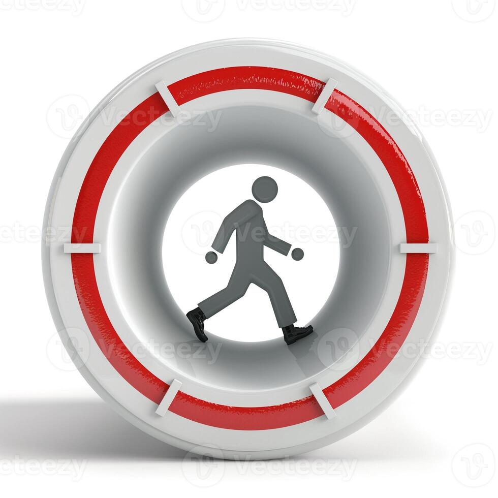 A person walks through a lifebuoy symbolizing safety and support, highlighting concepts of guidance and protection. photo