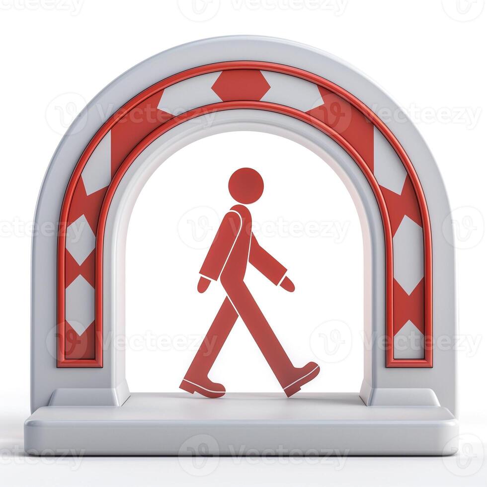 Stylized red and white archway featuring a walking figure, symbolizing progress and movement. photo