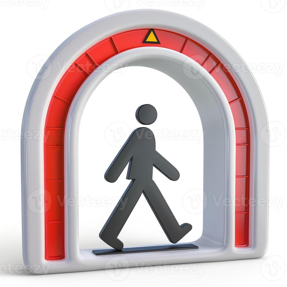 A stylized pedestrian icon walking through a safety arch with warning colors, representing secure passage. photo