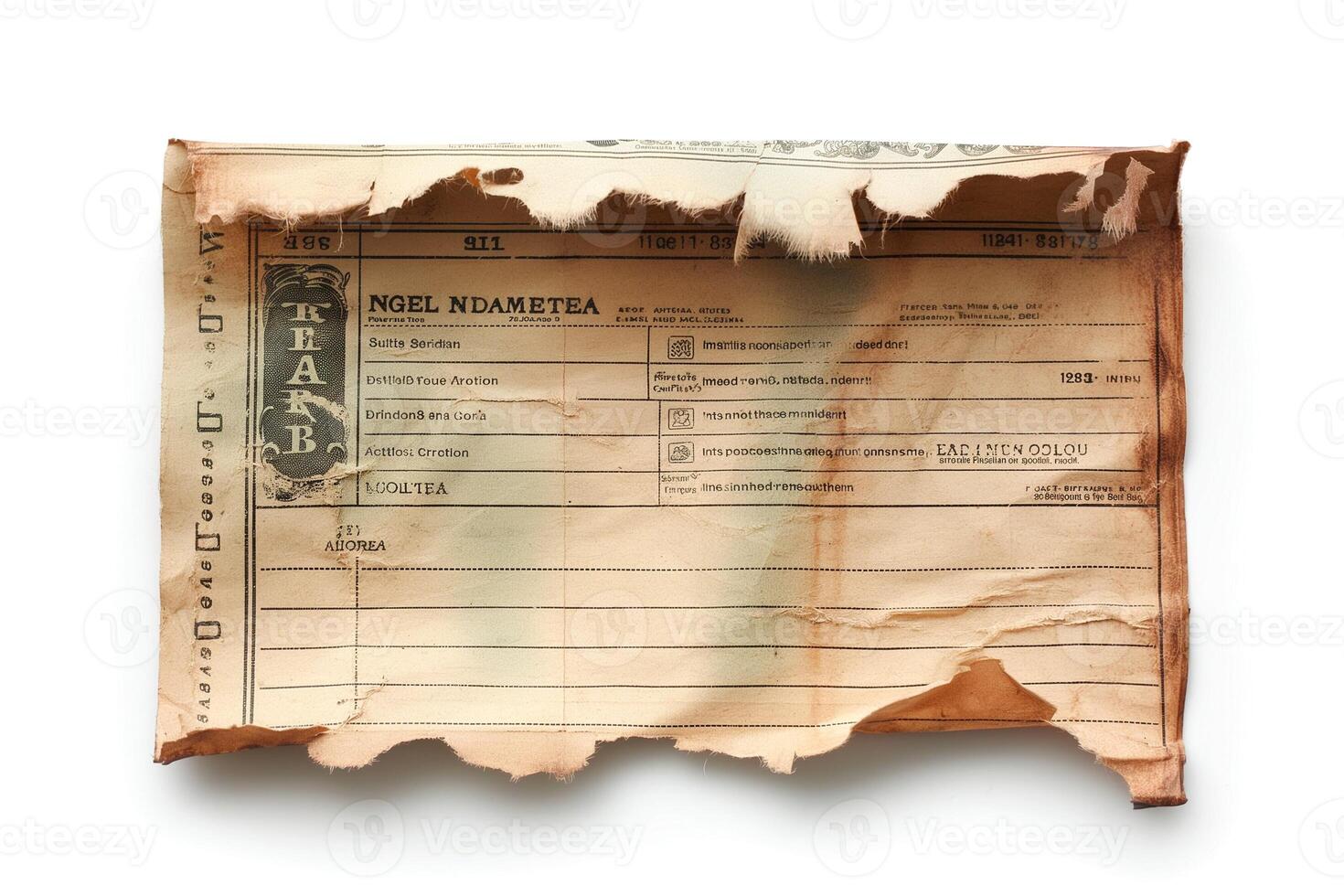 An aged and weathered document featuring faded text and intricate details, showcasing historical significance. photo