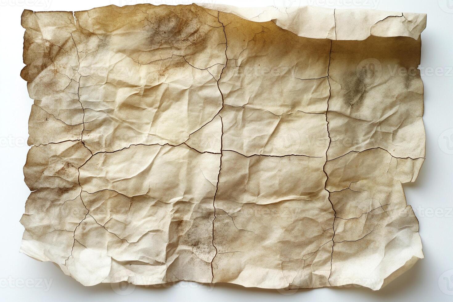 Aged parchment paper with intricate creases and darkened edges, showcasing a vintage, rustic charm. photo