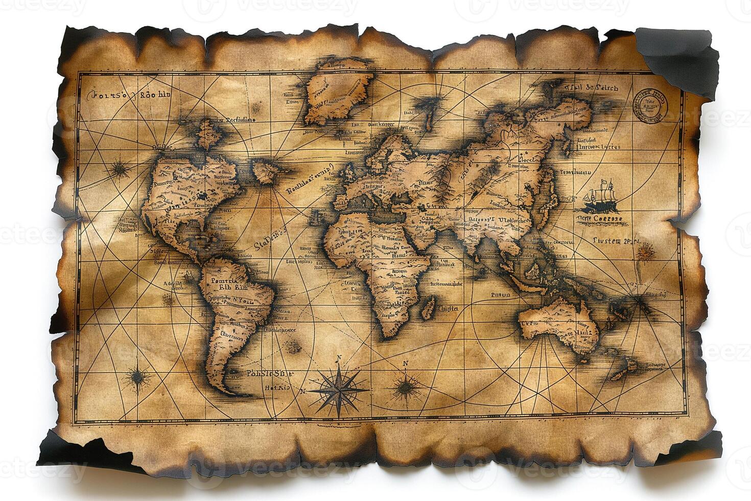 An aged, antique map of the world with intricate details and vintage colors. photo
