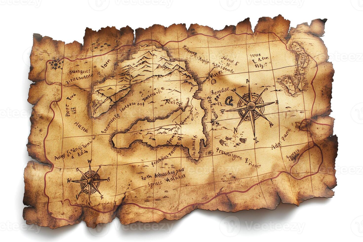 An antique-style treasure map featuring intricate details and a weathered look. photo