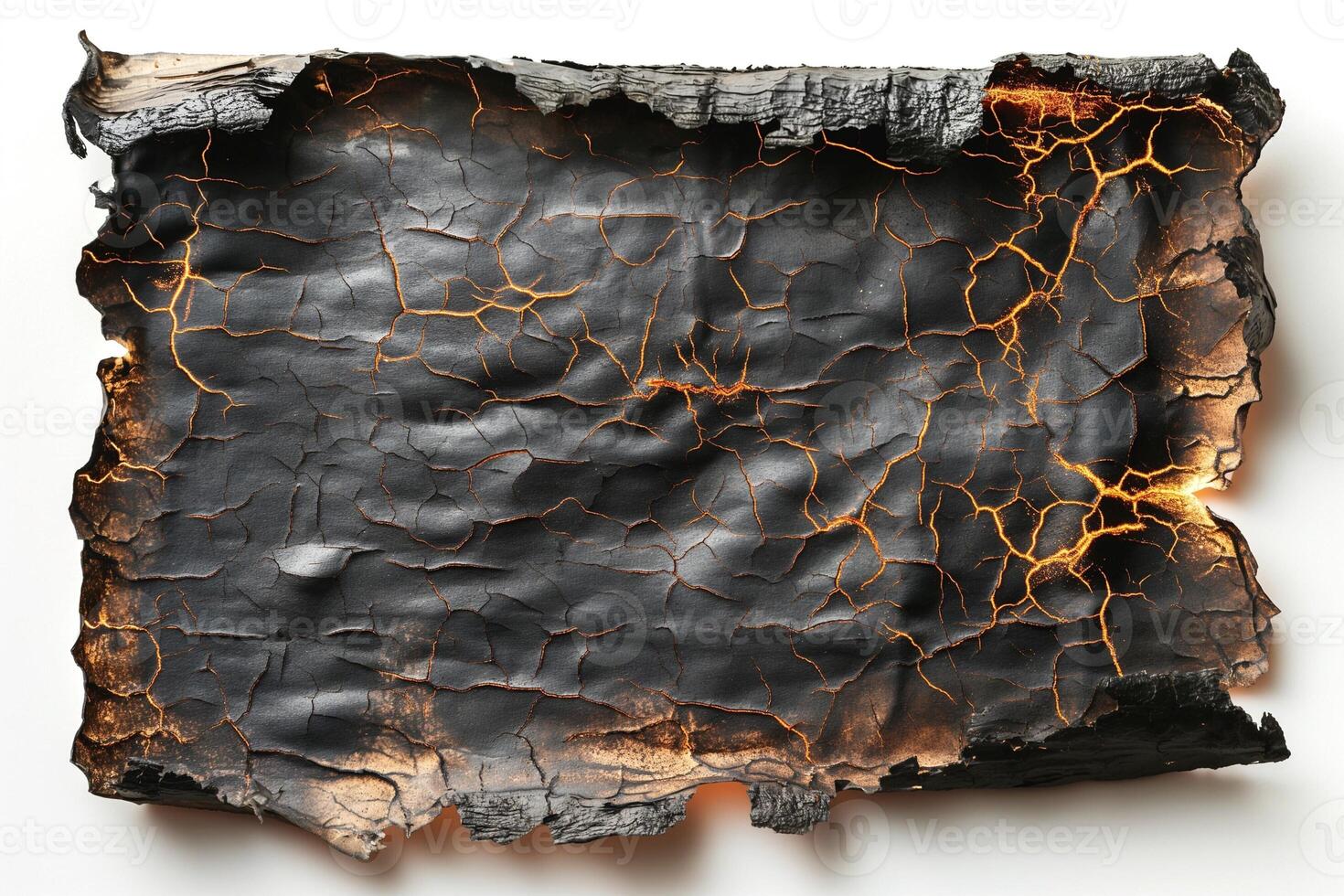 A close-up of an abstract piece of charred wood, showcasing intricate cracks and glowing lines against a stark white background. photo