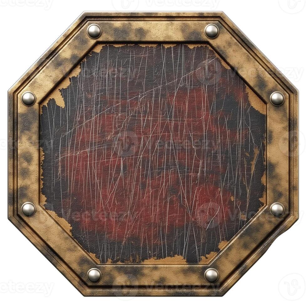 An aged, octagonal shield with scratches and a weathered finish, evoking a sense of historical battles. photo