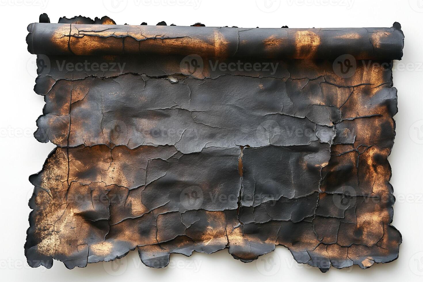 Artistic depiction of a burnt scroll, showcasing intricate texture and a blend of black and gold hues. photo