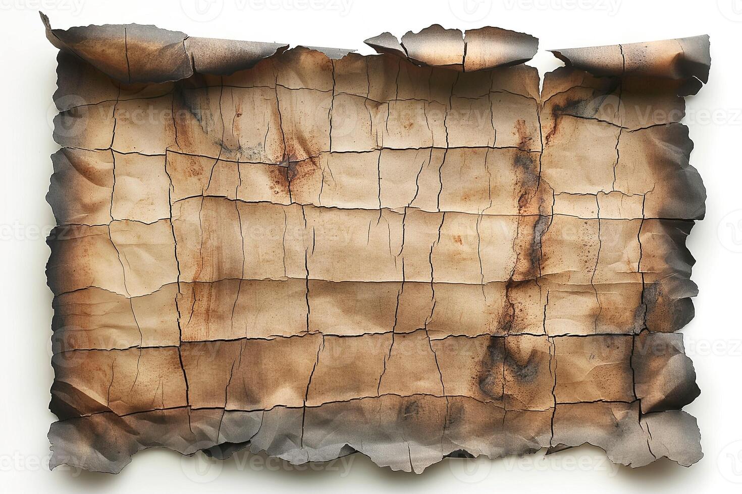 Aged parchment paper with a burnt edge, showcasing a textured surface with deep cracks and a rustic appearance. photo