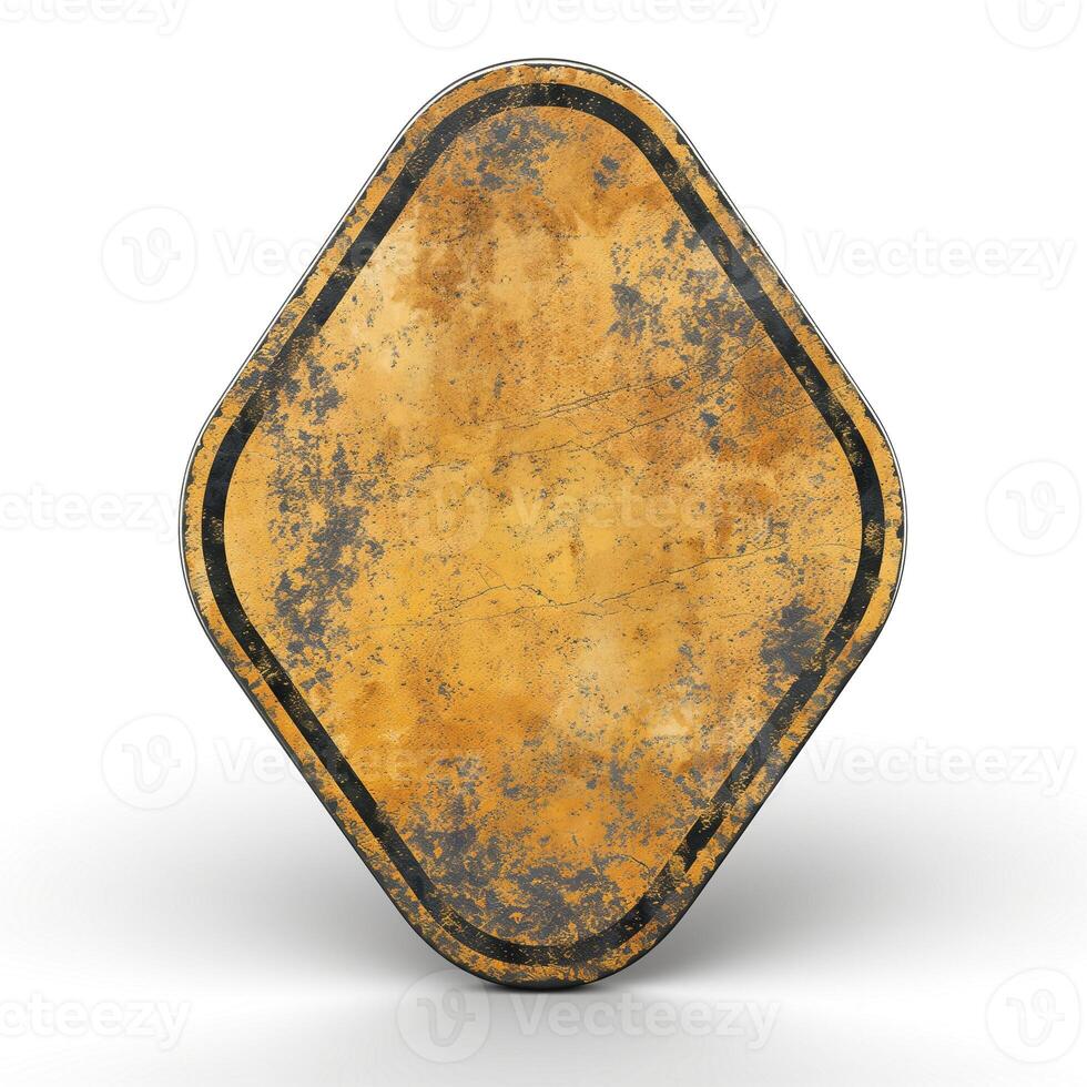 A vintage, worn-out diamond-shaped sign with a rusty texture, evoking nostalgia and a sense of history. photo