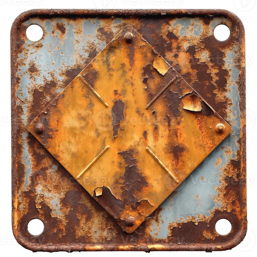 A weathered, rusty metal sign with a diamond shape in the center, showcasing layers of peeling paint. photo