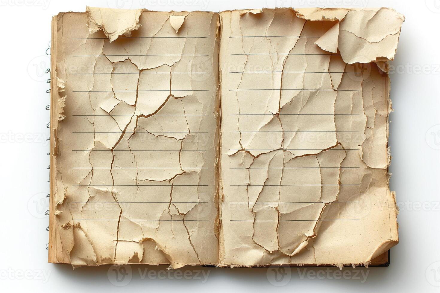 An open, weathered notebook exhibiting a textured, cracked cover and aged, yellowed pages. photo