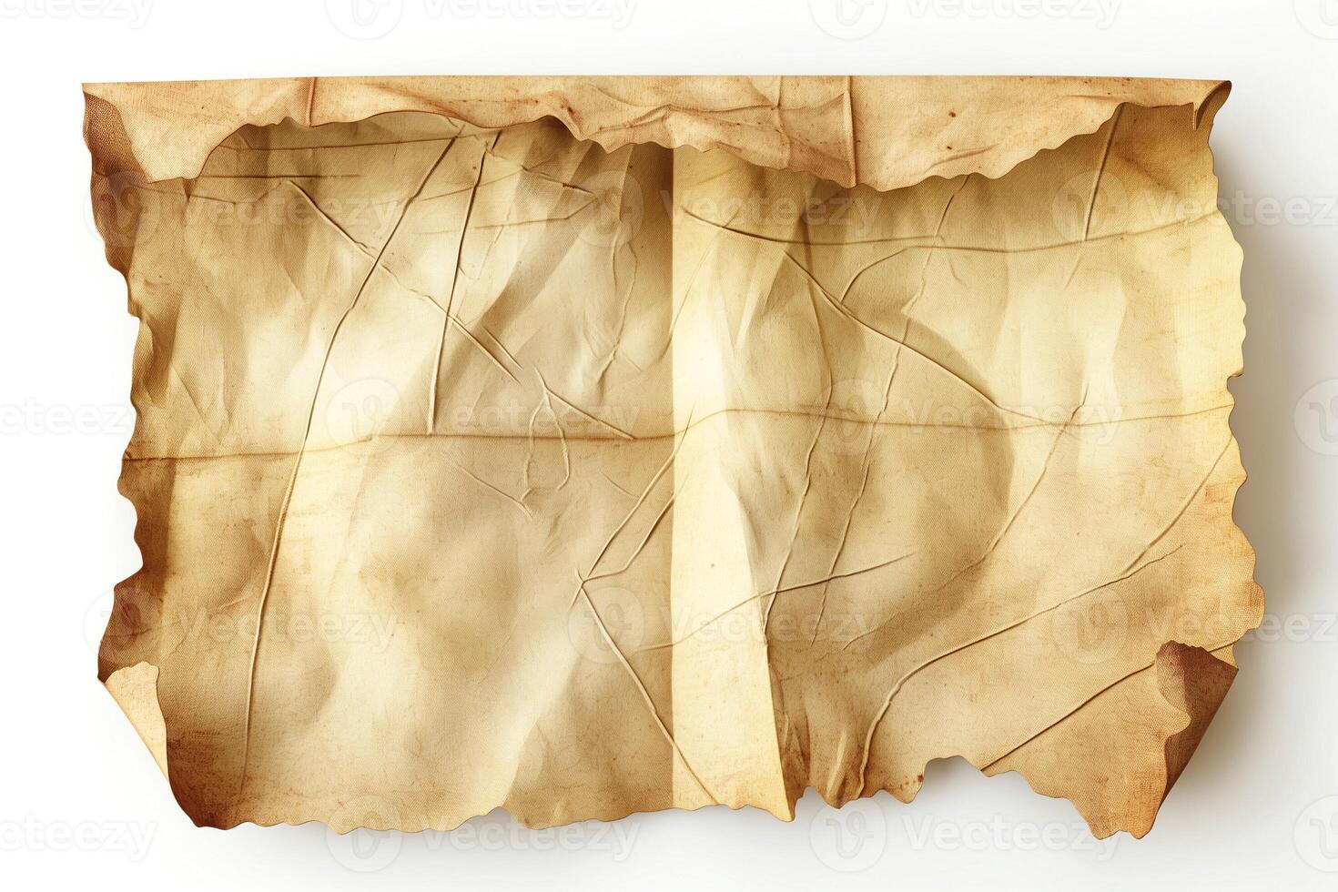 An old, crumpled piece of parchment with an antique appearance, showcasing distinct creases and a vintage aesthetic. photo