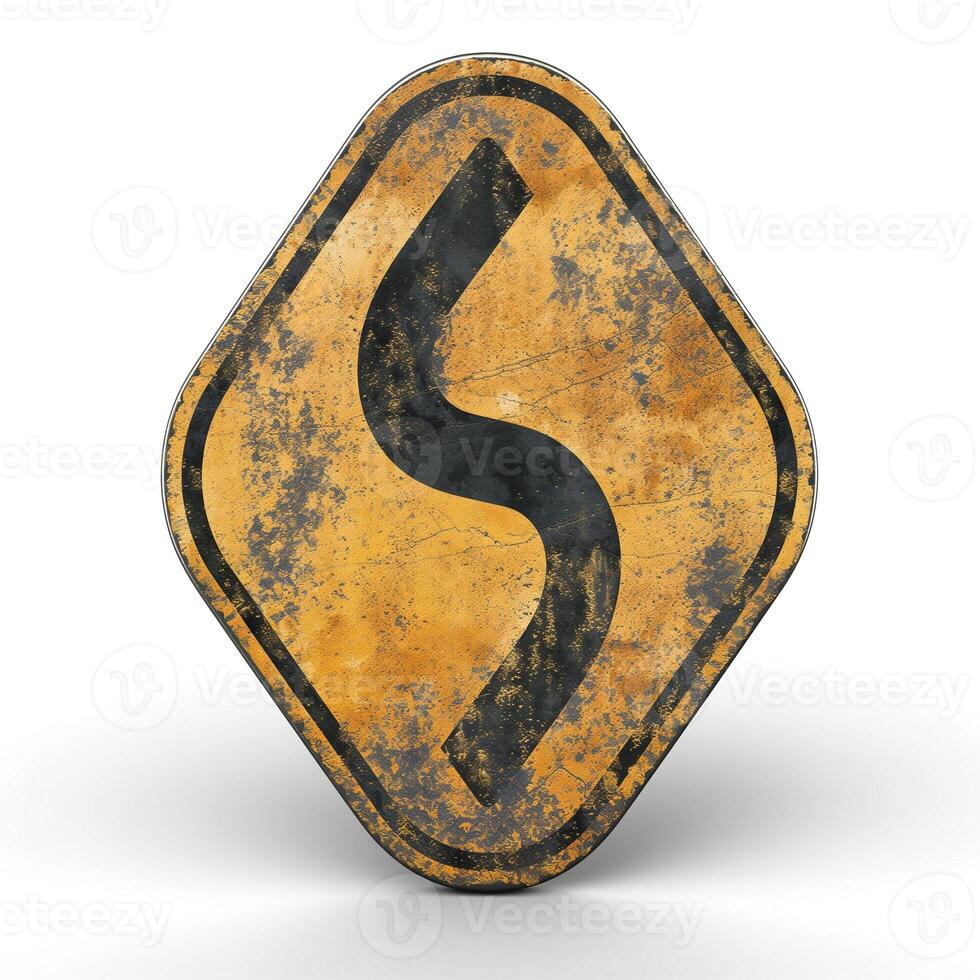 A weathered yellow traffic sign featuring a winding road symbol, evoking a sense of nostalgia and caution. photo