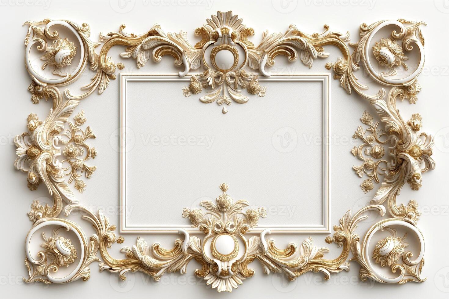 An ornate, vintage-style frame with intricate golden and white detailing, perfect for showcasing art or photographs. photo