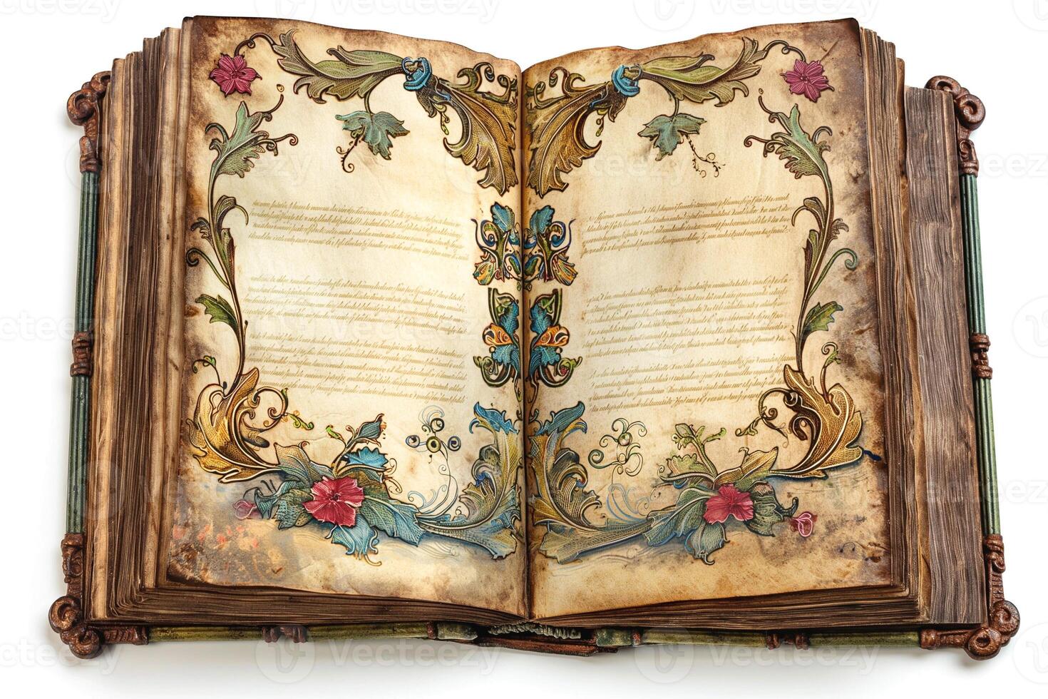 An ornate, open vintage book featuring intricate floral and butterfly illustrations on each page. photo