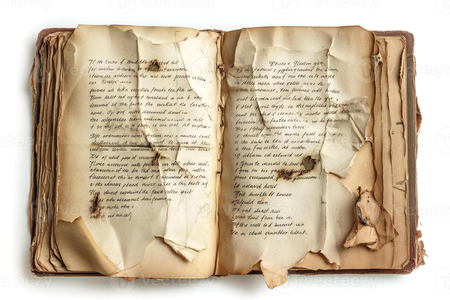 An old, worn-out book with yellowed, fragile pages, revealing faded handwritten text and a sense of nostalgia. photo