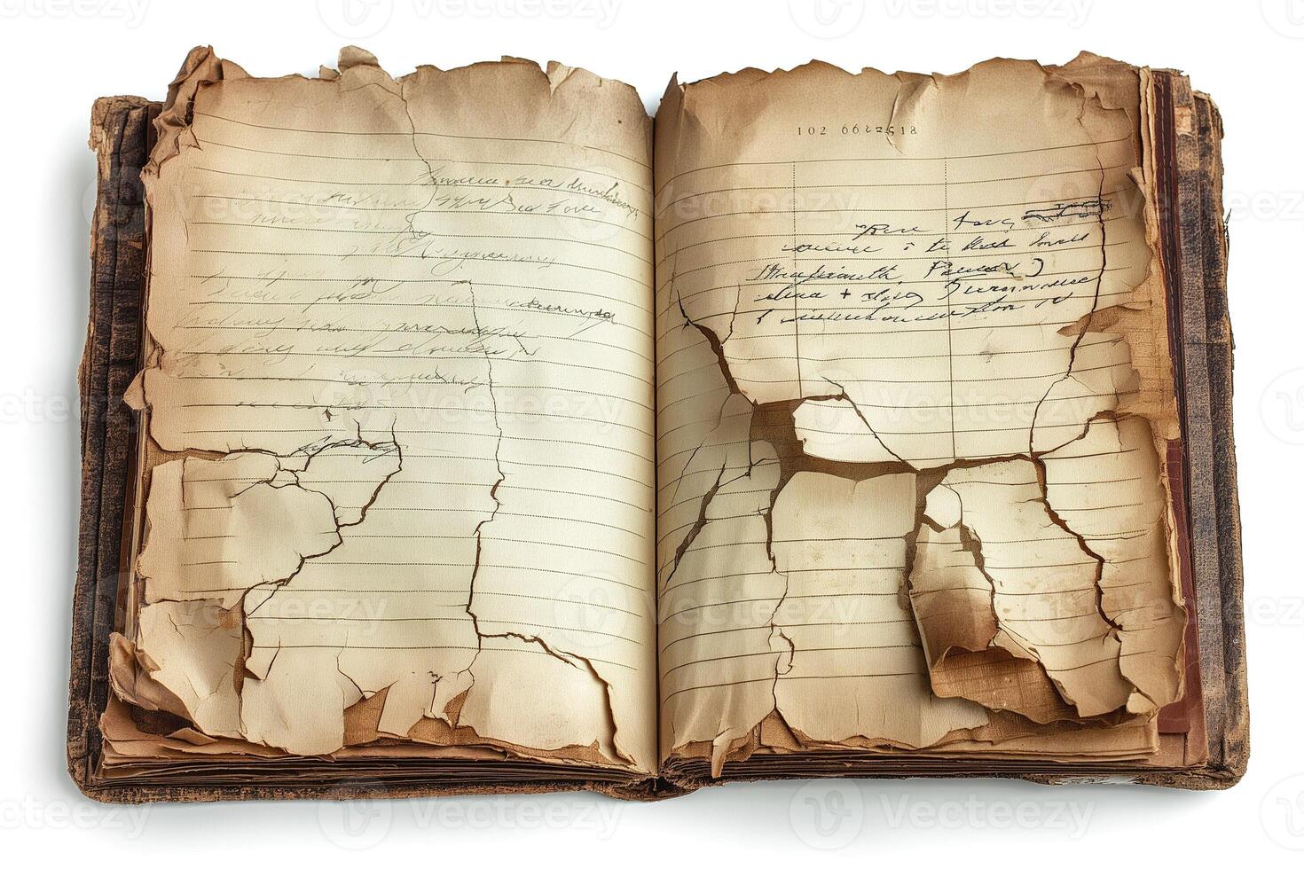 An aged and cracked open book, showcasing yellowed pages and visible wear, evoking a sense of nostalgia and history. photo