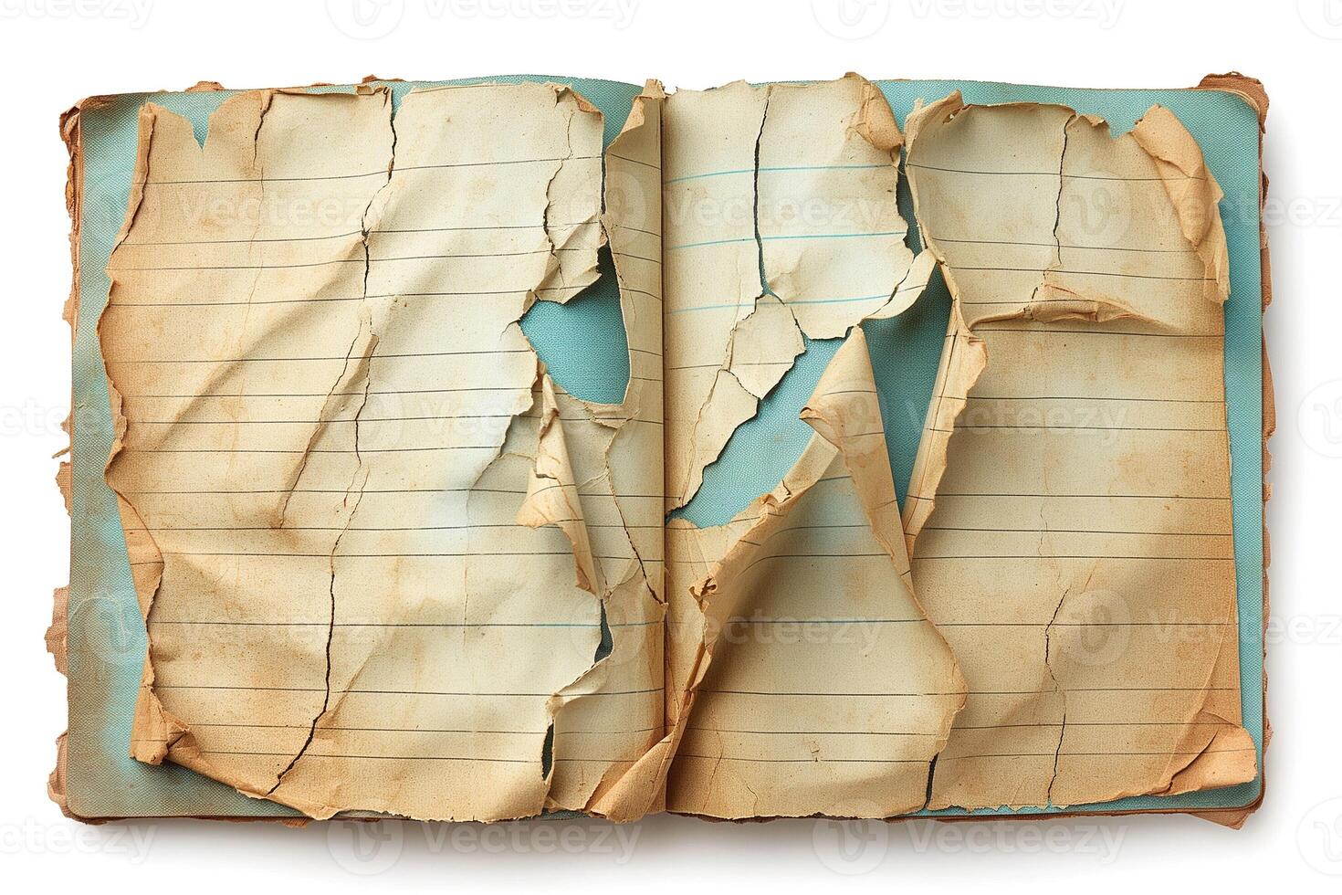 An old, torn notebook featuring crinkled pages with faded lines, evoking a sense of nostalgia and timelessness. photo