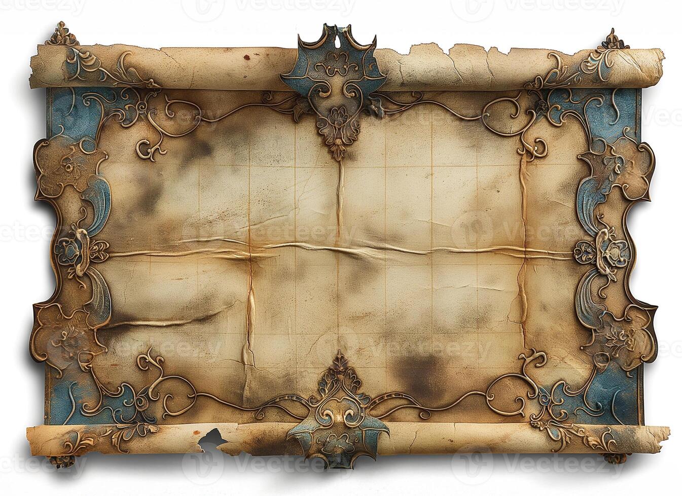An ornate, vintage-style scroll with intricate borders, showcasing rich hues of blue and brown, perfect for a historical theme. photo