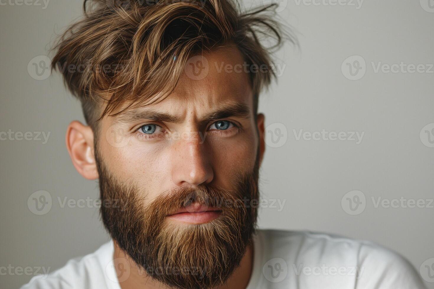 Close-up portrait of a young Caucasian man with a thick beard and striking blue eyes, exuding confidence and authenticity. photo