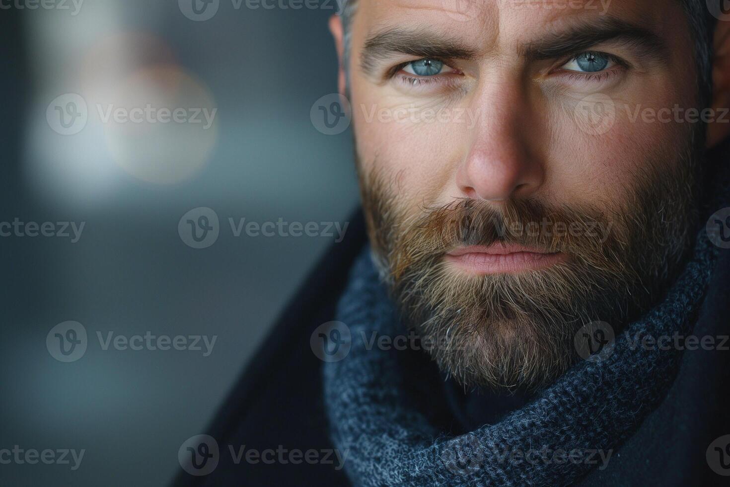 Close-up of a rugged Caucasian man with piercing blue eyes and a stylish beard, exuding confidence and strength. photo