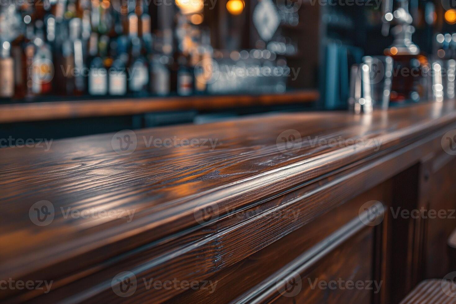 A close-up view of a polished wooden bar top, exuding warmth and inviting atmosphere in a bar setting. photo