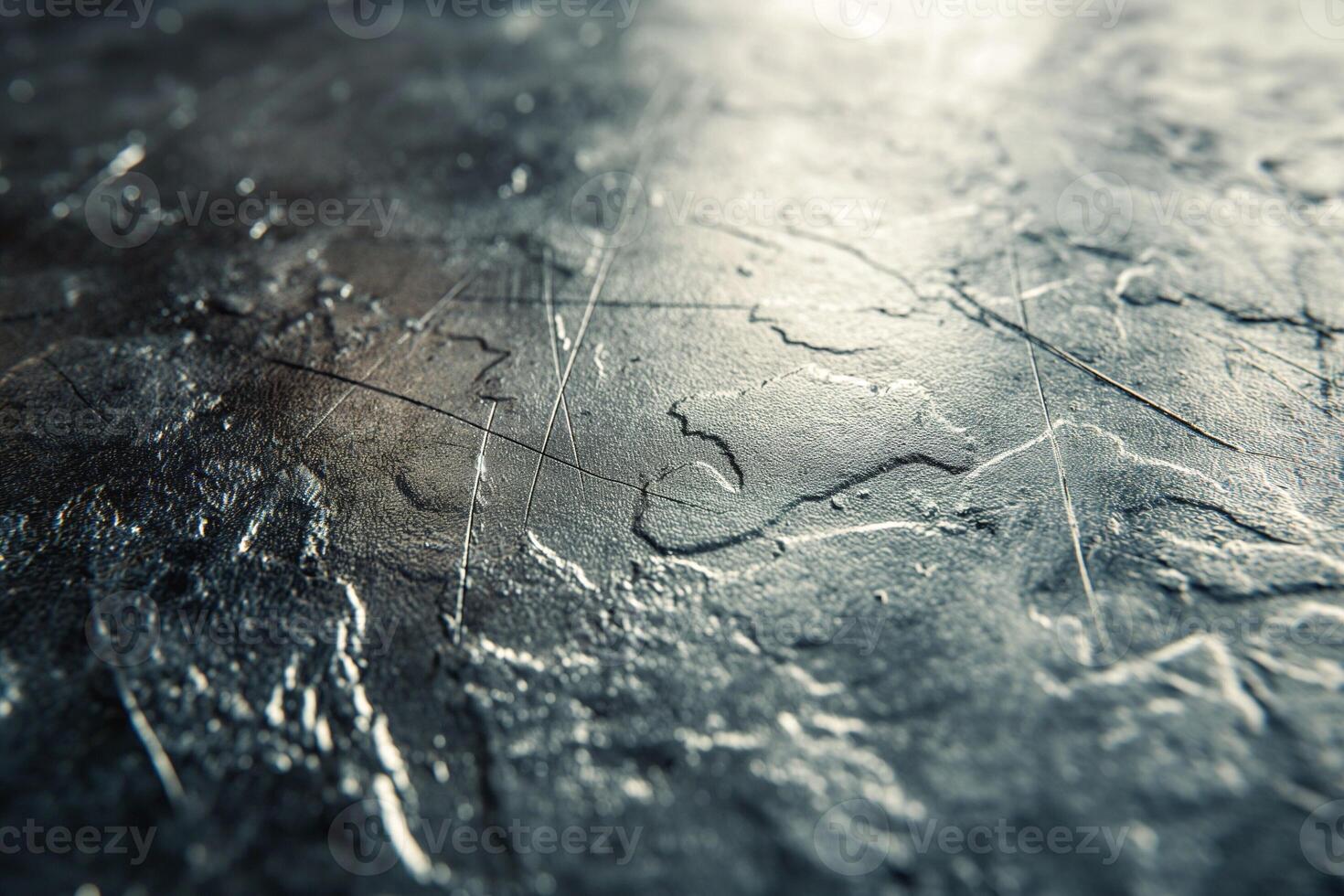 Close-up of textured dark surface with scratches and reflections, creating a moody and industrial feel. photo