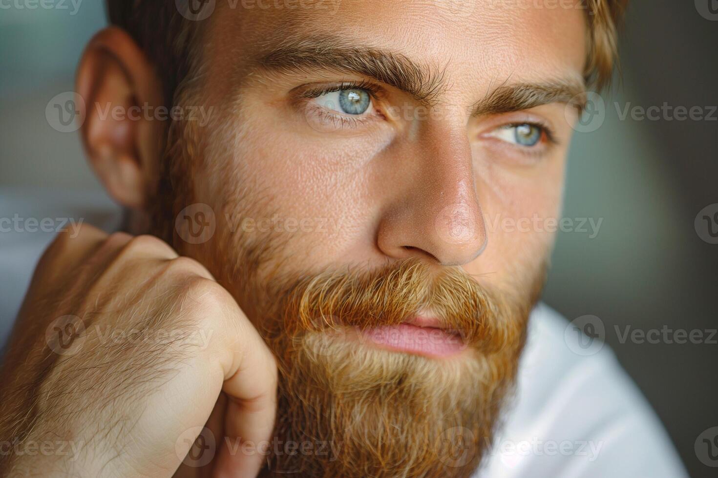Thoughtful young Caucasian man with striking blue eyes and a full beard gazing into the distance, lost in contemplation. photo