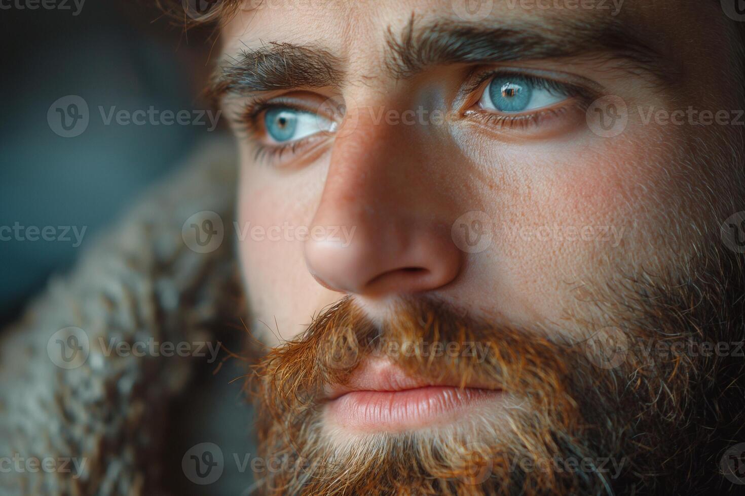 Close-up of a thoughtful young Caucasian male with striking blue eyes and a full beard, wrapped in a cozy sweater. photo