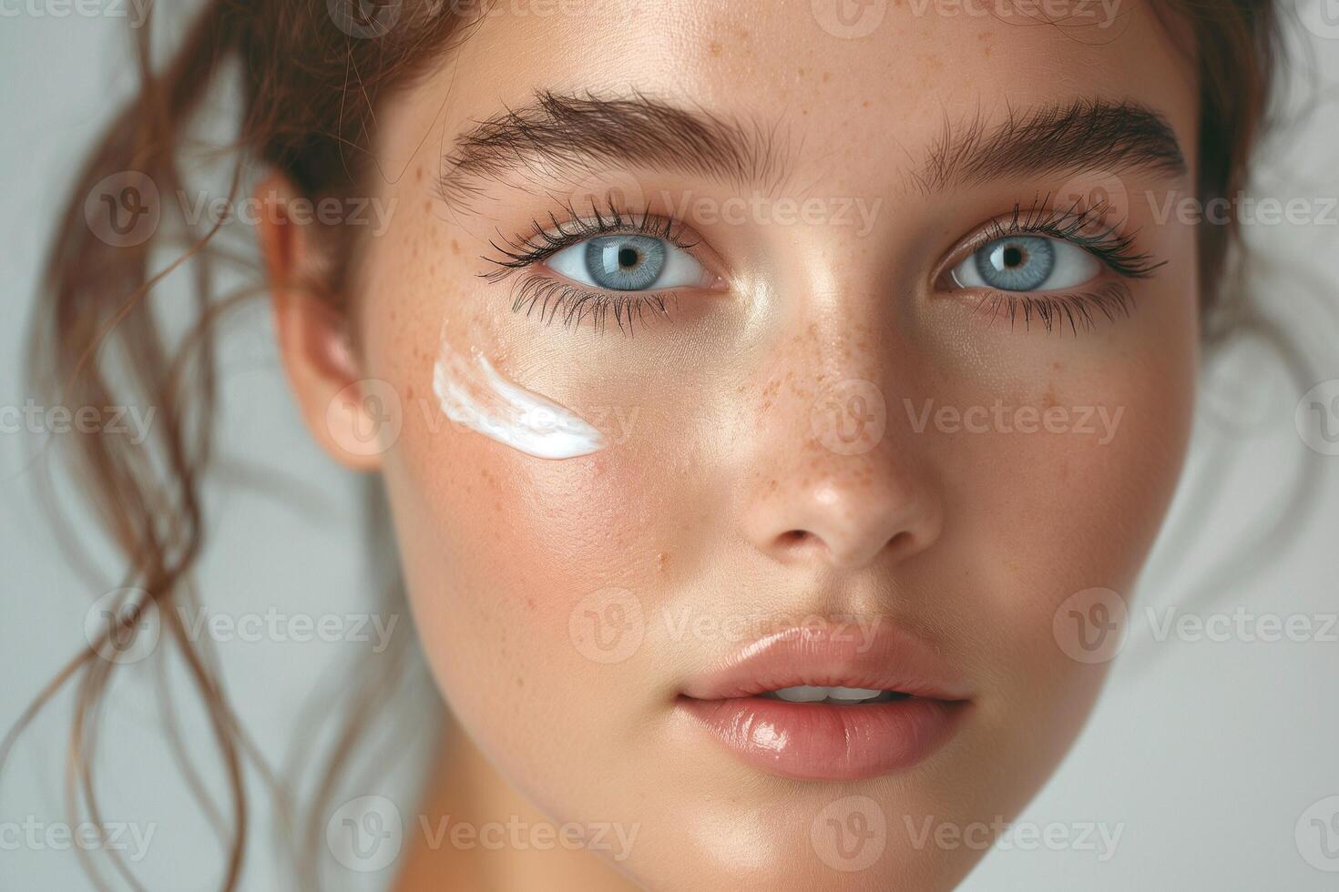 Young woman with light skin and blue eyes applying skincare cream on her cheek, exuding a fresh and natural beauty. photo