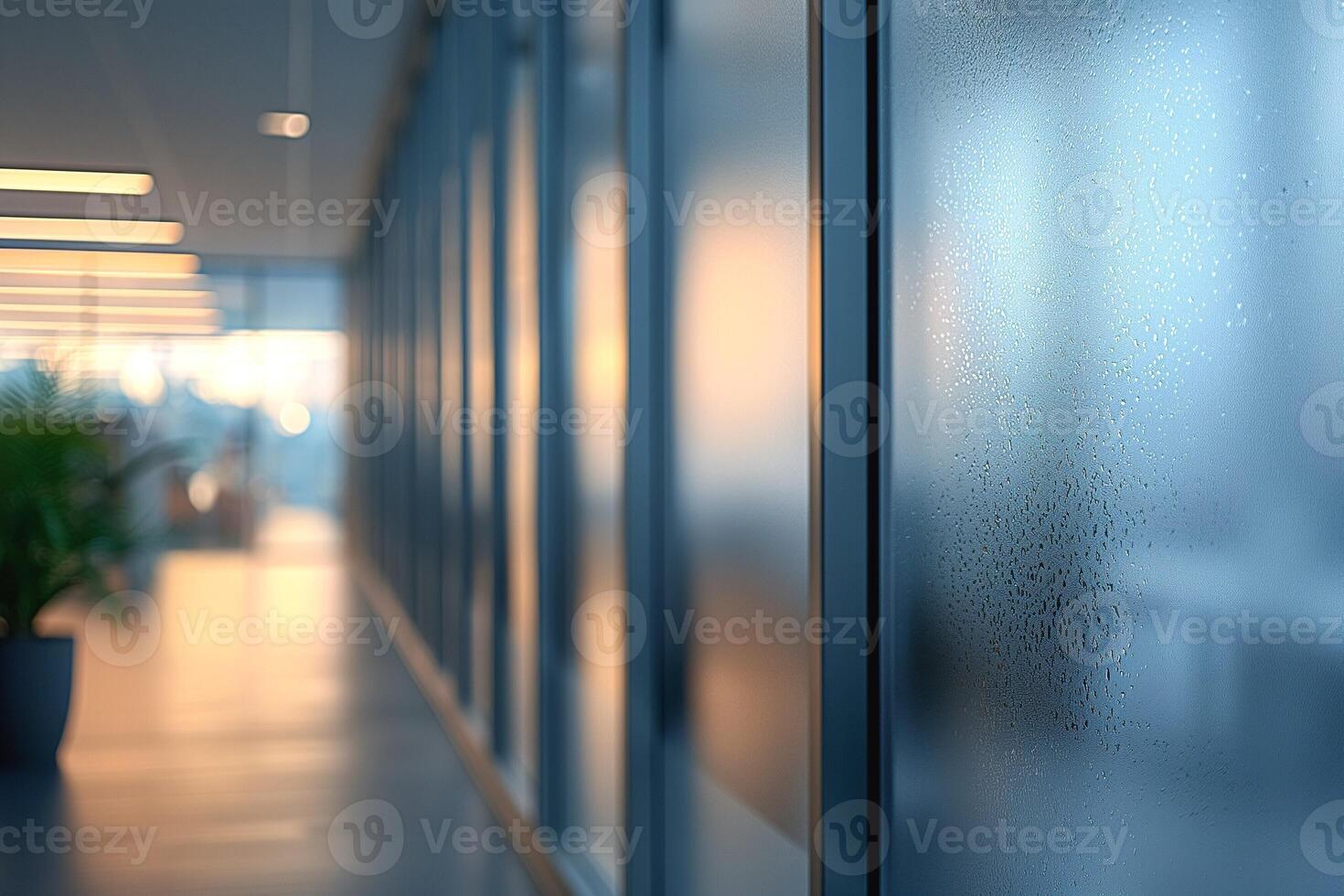 A serene office corridor with softly blurred glass walls showcasing condensation and warm lighting. photo