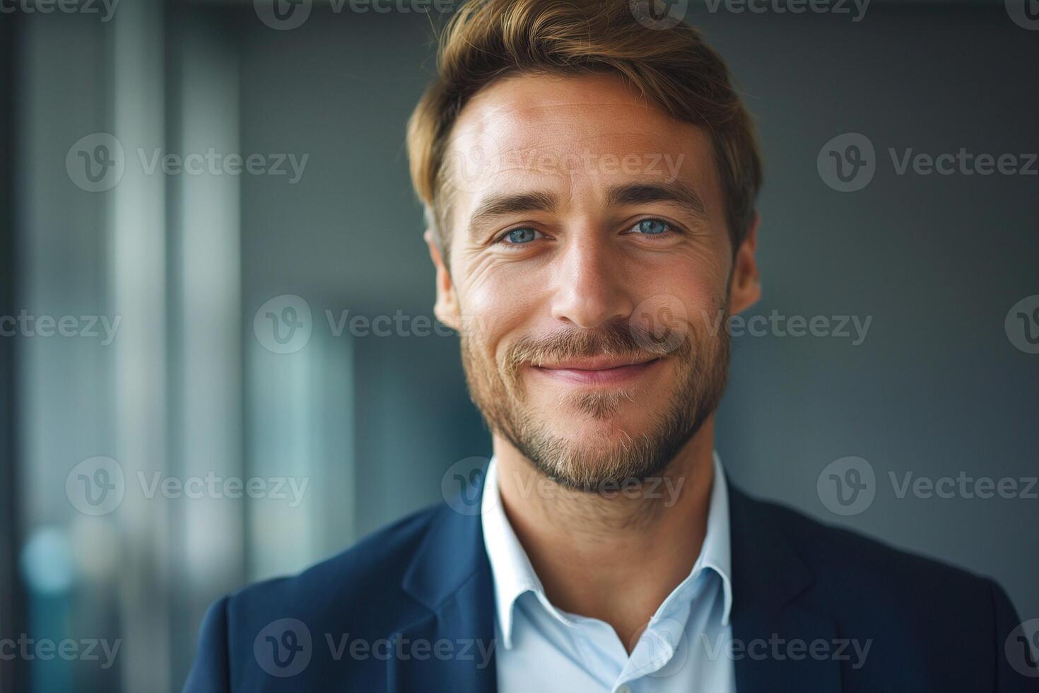 Confident Caucasian man with a friendly smile, dressed in a suit, exuding professionalism and approachability. photo