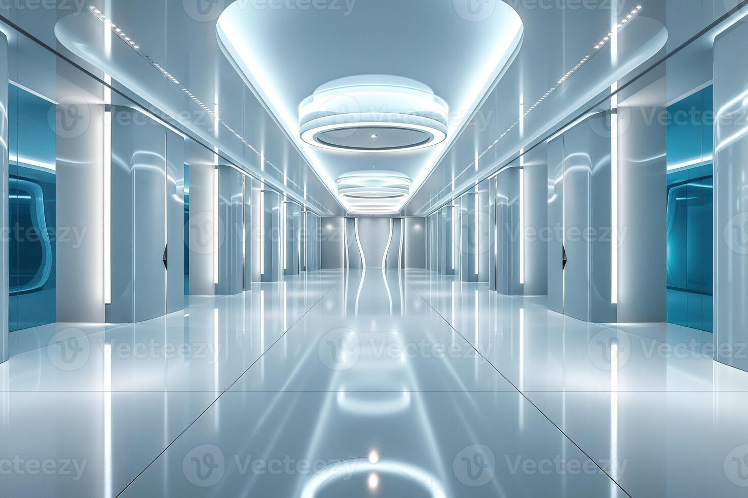 A futuristic hallway with sleek, glossy surfaces and ambient lighting, creating a modern and technological atmosphere. photo