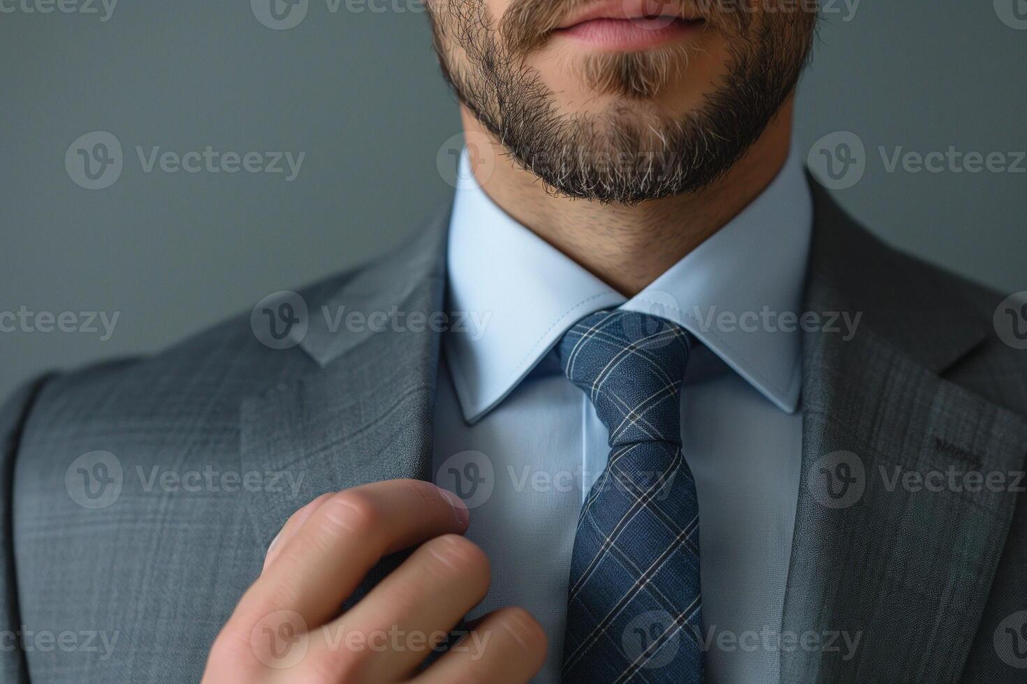 Close-up of a handsome man adjusting his tie while wearing a gray suit and a light blue shirt. photo