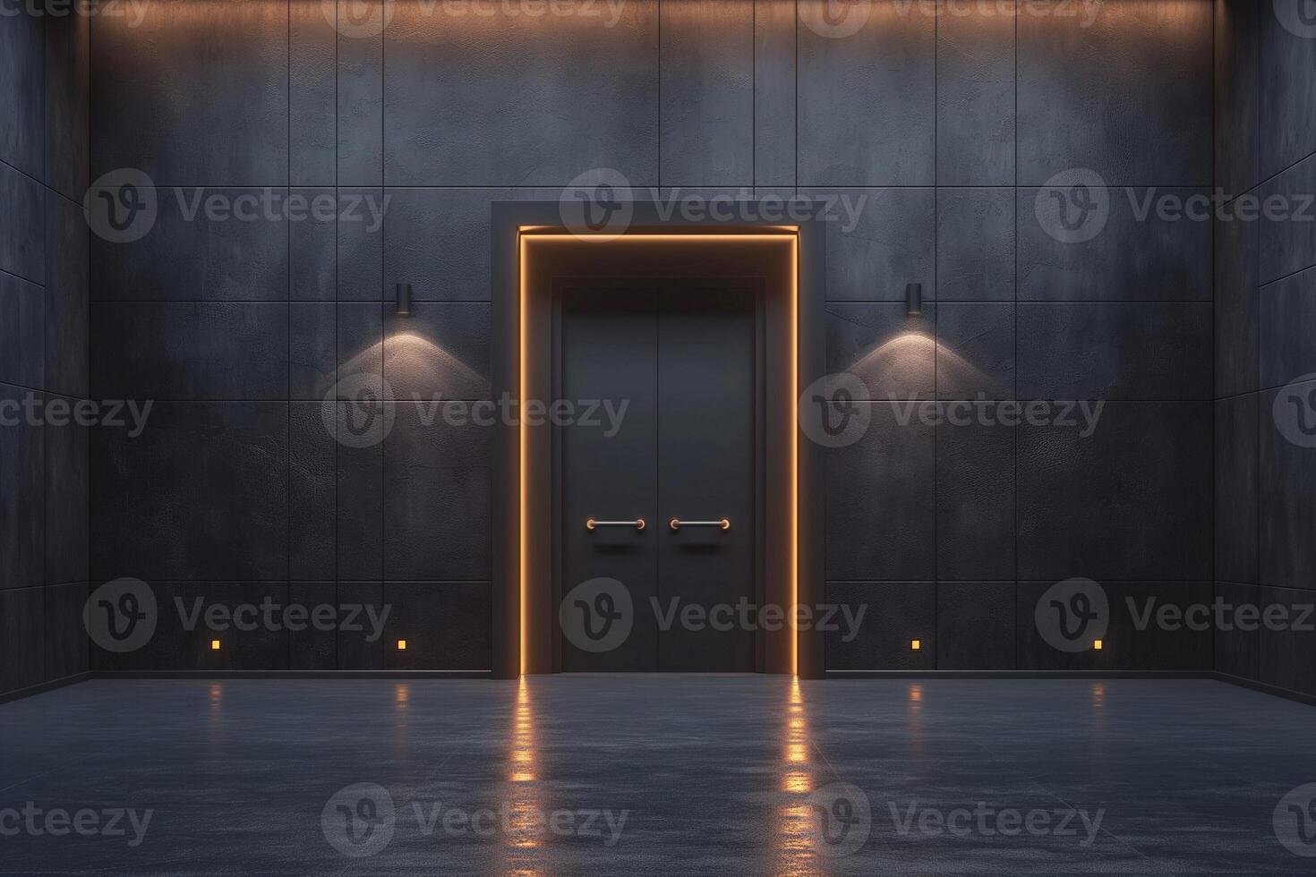 A modern hallway featuring a sleek black door with luminous lighting, creating an inviting yet mysterious atmosphere. photo