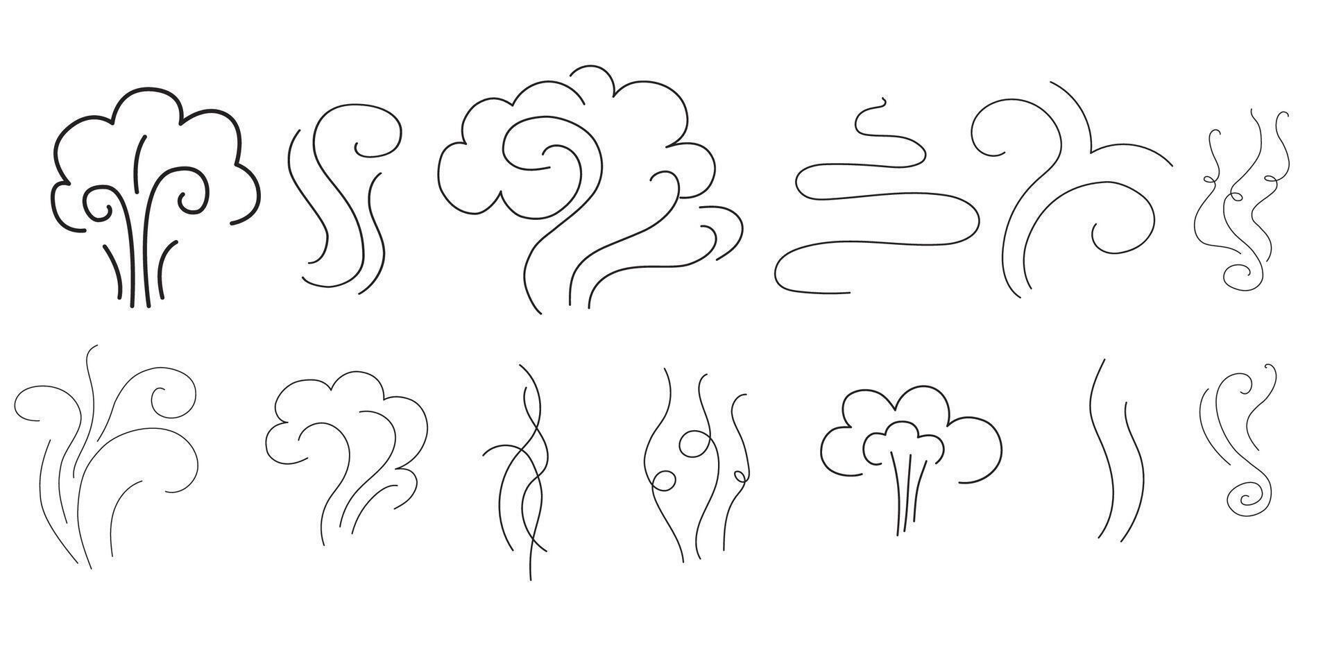 Steam and smoke lines icons set. Air wind and scent linear collection, heat waves or aroma from cooking food and hot coffee, gas and fumes. Steam swirls icons of doodle style illustration vector