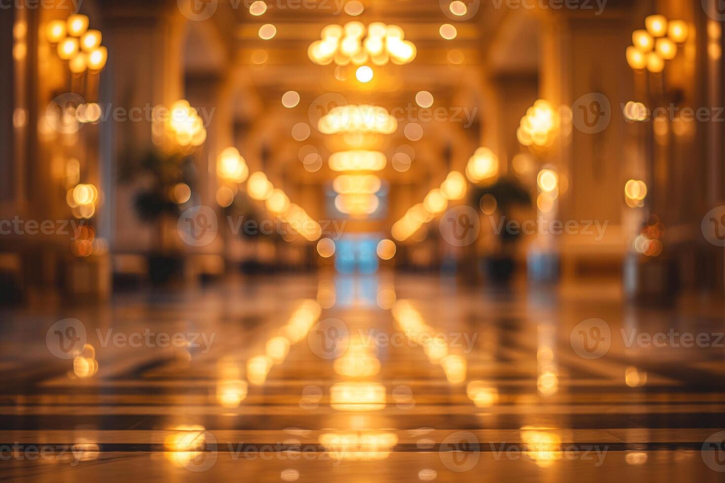 A beautifully lit hallway with shimmering reflections and warm golden hues. photo