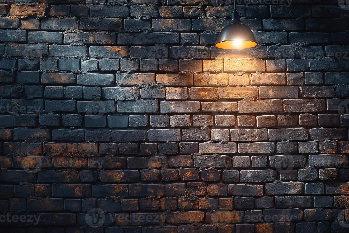 A dimly lit brick wall with a warm pendant light casting shadows, creating a cozy atmosphere. photo