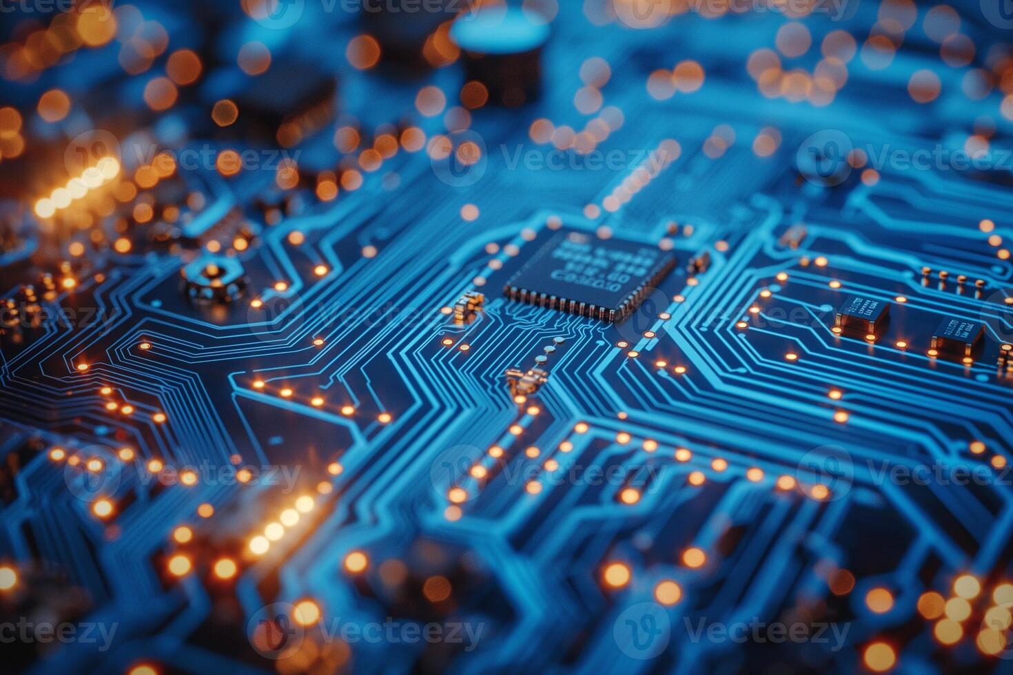 Close-up of a blue printed circuit board with illuminated pathways and microchips, showcasing modern technology. photo