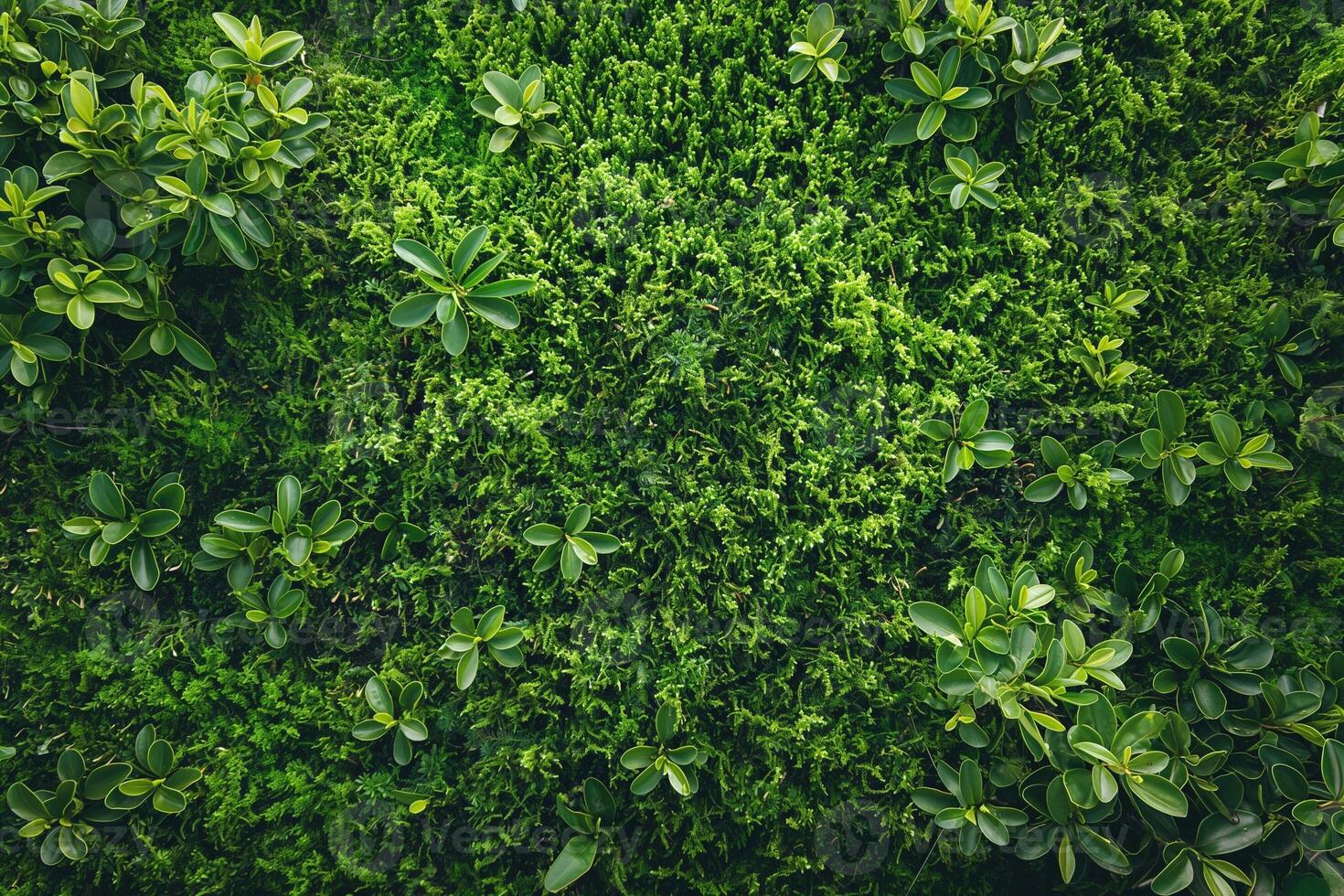 Lush green foliage with a variety of textures and shades, creating a vibrant natural backdrop. photo
