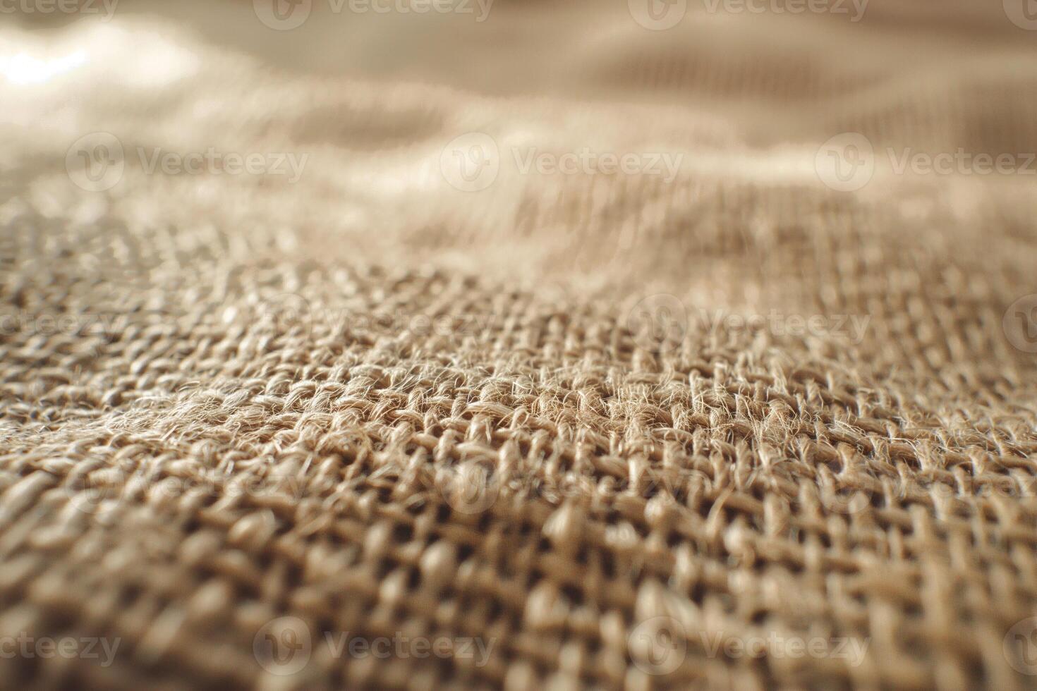Close-up view of textured burlap fabric, showcasing natural fibers in warm tones. photo